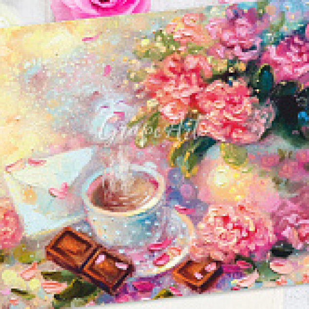 Ansichtkaart Thee tussen de roze bloemen. 