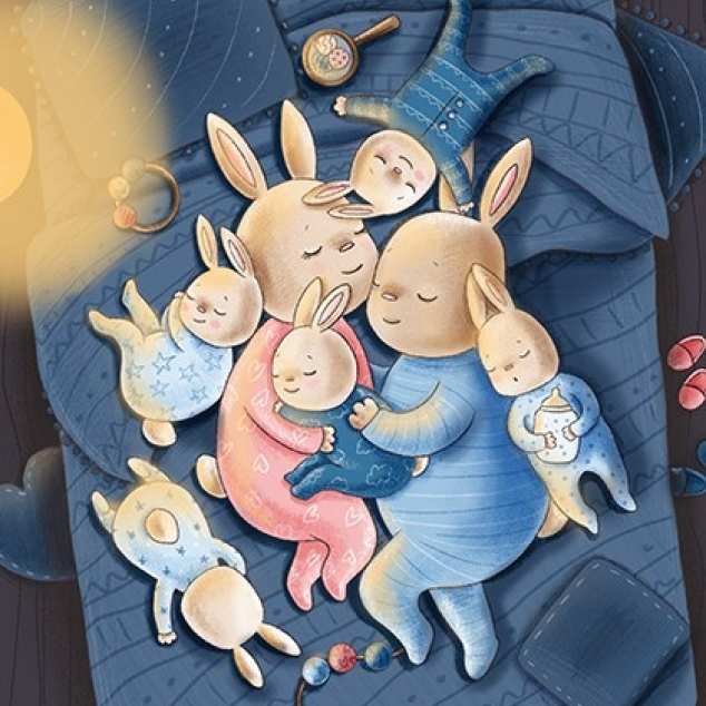 Ansichtkaart een Bed vol Konijntjes. 